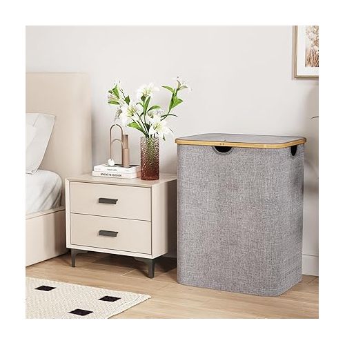  Lifewit 120L Laundry Basket with Lid, Clothes Hampers for Laundry with Bamboo Handles and A Removable Laundry Bag, Large Foldable Laundry Hamper for Bedroom, Bathroom, Dorm, Laundry Room, Light Gray