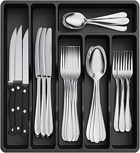 Lifewit Silverware Drawer Organizer Tray, Plastic Cutlery Storage for Kitchen Drawer, Flatware and Utensil Holder Divider for Spoons Forks Knives Tableware, 6 Compartment, Black