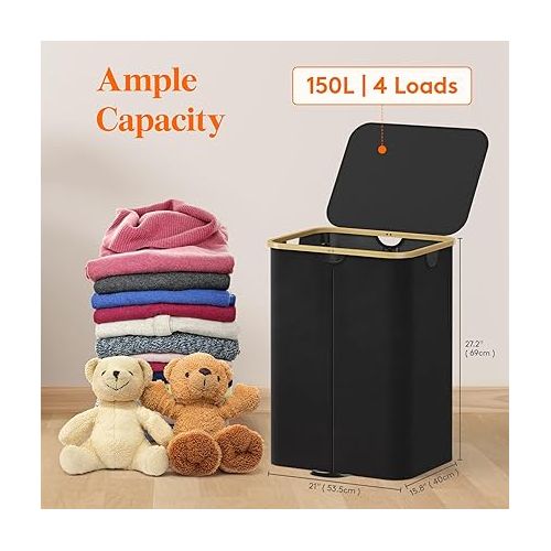  Lifewit 150L Double Laundry Hamper with Lid, Large Laundry Basket with Bamboo Handles and Removable Laundry Bags, Foldable Clothes Hampers for Laundry for Bedroom, Bathroom, Dorm, Laundry Room, Black