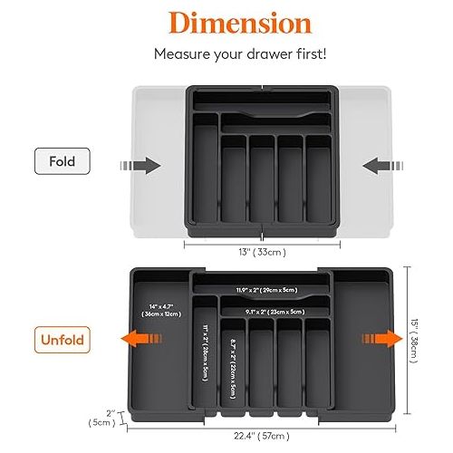  Lifewit Silverware Drawer Organizer, Expandable Utensil Organizer for Kitchen Drawers, Adjustable Cutlery and Flatware Tray, Plastic Spoons Forks Knives Holder Storage Dividers, Large, Black