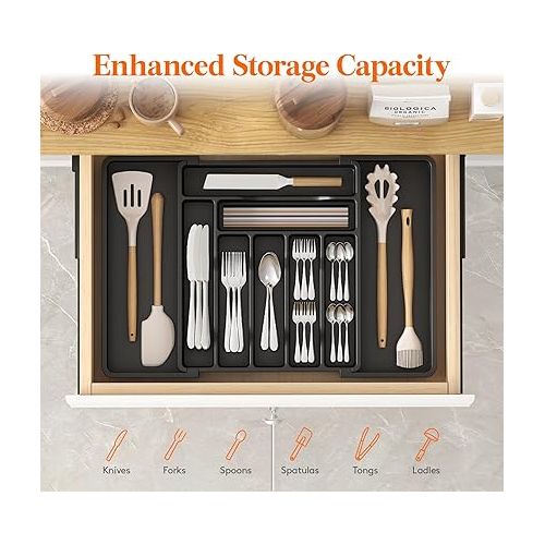  Lifewit Silverware Drawer Organizer, Expandable Utensil Organizer for Kitchen Drawers, Adjustable Cutlery and Flatware Tray, Plastic Spoons Forks Knives Holder Storage Dividers, Large, Black