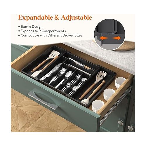  Lifewit Silverware Drawer Organizer, Expandable Utensil Organizer for Kitchen Drawers, Adjustable Cutlery and Flatware Tray, Plastic Spoons Forks Knives Holder Storage Dividers, Large, Black
