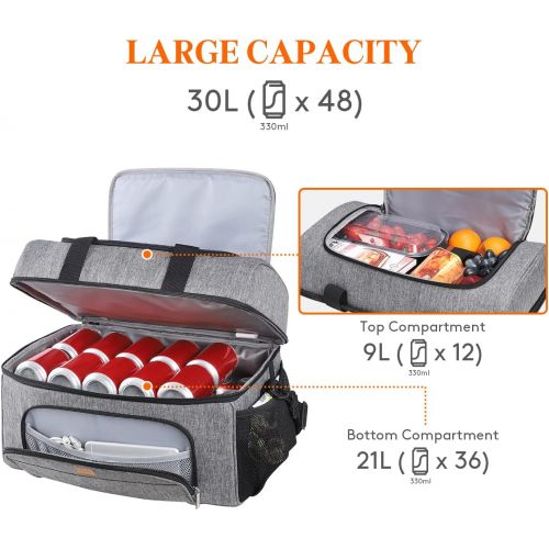  Lifewit Collapsible Cooler Bag 32-Can Insulated Leakproof Soft Cooler Portable Double Decker Cooler Tote for Trip/Picnic/Sports/Flight, Grey