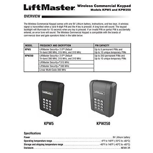  LiftMaster KPW5 Wireless 5 Code Commercial Keypad