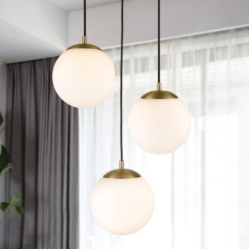  Light Society LS-C255-BB-WH Zeno 3-Light Pendant Lamp in Brushed Brass and White Glass Globes with Adjustable Length Cords, Retro Mid Century Modern Style Chandelier