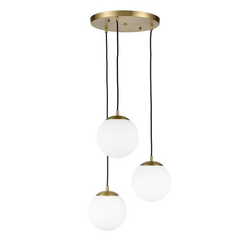  Light Society LS-C255-BB-WH Zeno 3-Light Pendant Lamp in Brushed Brass and White Glass Globes with Adjustable Length Cords, Retro Mid Century Modern Style Chandelier