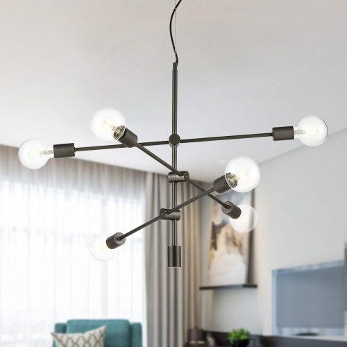  Light Society 6-Light Element Chandelier in Gunmetal with Exposed Bulbs, Mid Century Modern Retro Style Lighting (LS-C272-GM)