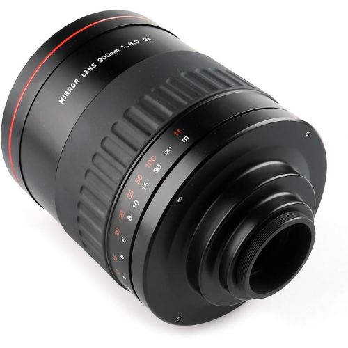  Lightdow 900mm F8.0 Telephoto Mirror Lens + T2 Mount Adapter Ring for Canon EOS Rebel T7 T7i T6 T6i T5 T5i SL2 80D 77D 700D 70D 60D 50D 5D 6D 7D 600D 550D 200D 150D 100D 1300D 1400