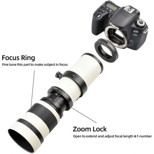  Lightdow 420-800mm f/8.3 Manual Zoom Super Telephoto Lens + T Mount Ring for Canon EOS 80D 90D Rebel T3 T3i T4i T5 T5i T6 T7 T6i T7i SL1 SL2 60D 70D 77D 5D III/5D IV 6D 7D/7D II Ca