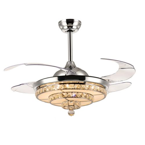  Lighting Counter 42-Inch Chrome Crystal Ceiling Fan with Light And Remote Control Dimmable Invisible Fan Chandelier Ladder Type Modern LED Fan Light For Bedroom Living Room