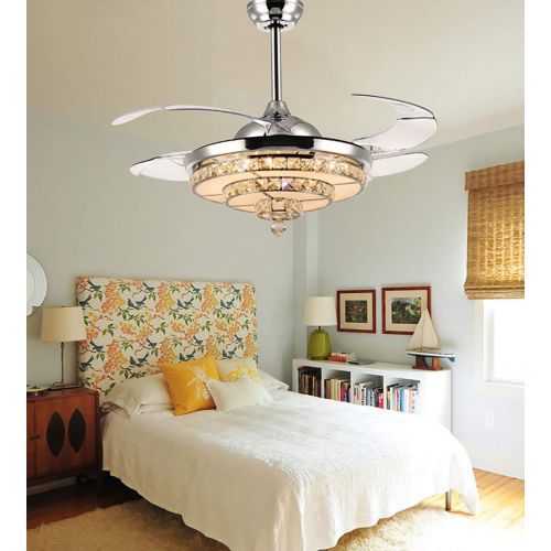  Lighting Counter 42-Inch Chrome Crystal Ceiling Fan with Light And Remote Control Dimmable Invisible Fan Chandelier Ladder Type Modern LED Fan Light For Bedroom Living Room