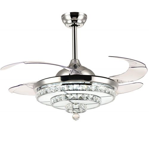  Lighting Counter 42-Inch Chrome Crystal Ceiling Fan with Light And Remote Control Dimmable Invisible Fan Chandelier Ladder Type Modern LED Fan Light For Bedroom Living Room