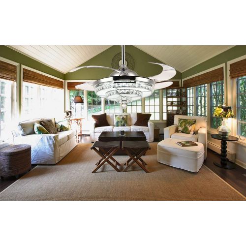  Lighting Counter 42-Inch Chrome Crystal Ceiling Fan with Light And Remote Control Dimmable Invisible Fan Chandelier Ladder Type Modern LED Fan Light For Bedroom Living Room