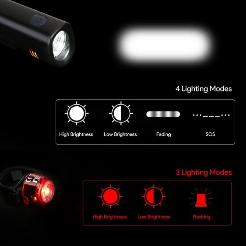 Lighting EVER LE USB Rechargeable Bike Light Set, Super Bright Bicycle Headlight, Cycling Taillight, 300lm, 4 Lighting Modes, Front Rear Light Set