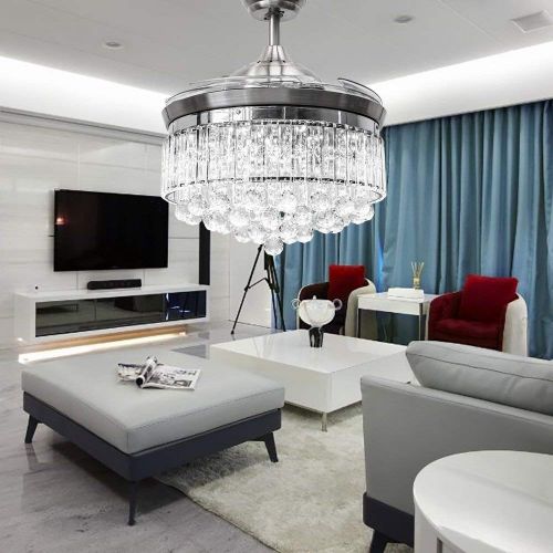  Lighting Groups 42 Inch Crystal Invisible Ceiling Fan with Light, 4 Retractable Blades Fan Chandelier with Remote Control, LED Ceiling Light Fixtures with Fans Has 3 Colors Changed