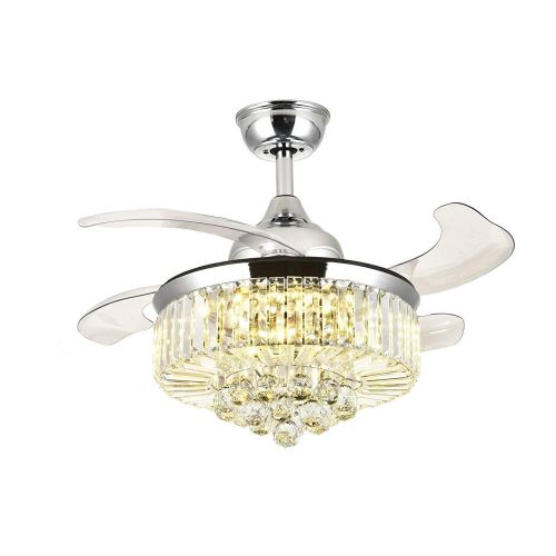  Lighting Groups 42 Inch Crystal Invisible Ceiling Fan with Light, 4 Retractable Blades Fan Chandelier with Remote Control, LED Ceiling Light Fixtures with Fans Has 3 Colors Changed