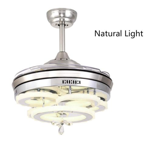  Lighting Groups Invisible Crystal Ceiling Fan Lights 42 Inch with Remote Control for Outdoor Indoor Living Room Bedroom 4 Retractable Blades Fan Chandelier with 3 Light Colors (Chr