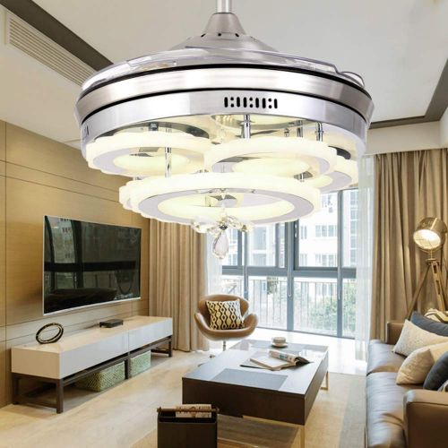  Lighting Groups Invisible Crystal Ceiling Fan Lights 42 Inch with Remote Control for Outdoor Indoor Living Room Bedroom 4 Retractable Blades Fan Chandelier with 3 Light Colors (Chr