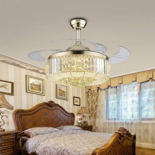  Lighting Groups 42 Inch Invisible Ceiling Fans with Light Romote Control,4 Retractable Transparent Blades Fan Chandelier,Modern Luxury Crystal Ceiling Fan for Indoor Living Dining