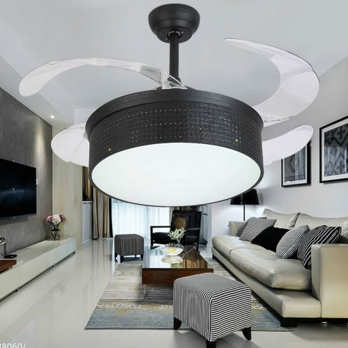  Lighting Groups Invisible Ceiling Fan 42 inch Led Ceiling Fans with Remote 36W Three Changing Light Color Retractable Blades Ceiling Fan Chandelier -for Indoor, Outdoor, Living roo