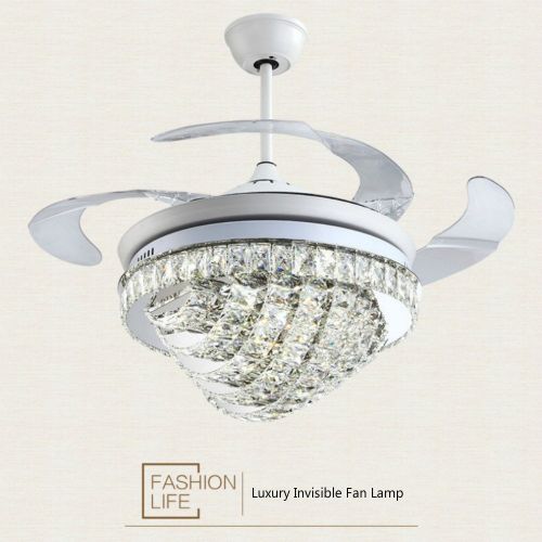  Lighting Groups Luxury Invisible Fan Lamp with Remote Control, 42 Inch High-grade Crystal Ceiling Fan with LED Light, Fan Chandeliers with 4 Retractable Transparent Blades for Indo