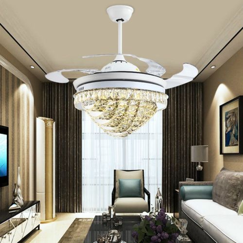  Lighting Groups Luxury Invisible Fan Lamp with Remote Control, 42 Inch High-grade Crystal Ceiling Fan with LED Light, Fan Chandeliers with 4 Retractable Transparent Blades for Indo