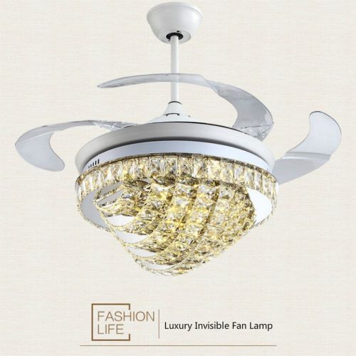  Lighting Groups Luxury Invisible Fan Lamp with Remote Control, 42 Inch High-grade Crystal Ceiling Fan with LED Light, Fan Chandeliers with 4 Retractable Transparent Blades for Indo