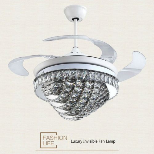  Lighting Groups Luxury Invisible Fan Lamp with Remote Control, 42 Inch High-grade Crystal Ceiling Fan with LED Light, Fan Chandeliers with 4 Retractable Transparent Blades for Indo