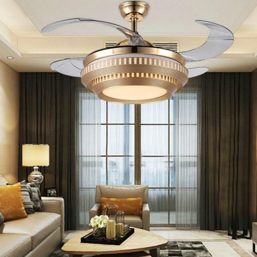  Lighting Groups Invisible Ceiling Fans Light with Remote Low Profile Ceiling Fan for Indoor, 42 Inch Gold Fan Chandelier for Bedroom, Foldable Blades Ceiling Fan for Living Room Di