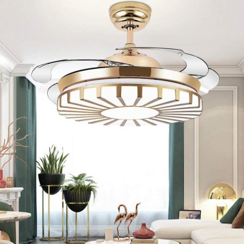  Lighting Groups Modern Invisible Ceiling Fan with Light 42 Brushed Nickel Ceiling Fan with Remote Control, Chandelier Fan With 4 Clear Acrylic Retractable Blades, Bedroom Ceiling L