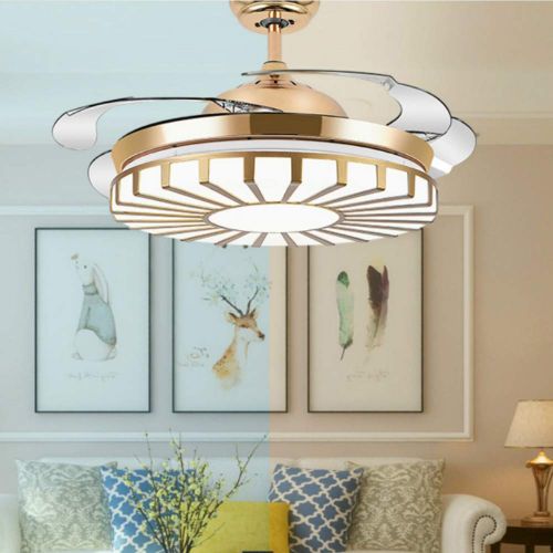  Lighting Groups Modern Invisible Ceiling Fan with Light 42 Brushed Nickel Ceiling Fan with Remote Control, Chandelier Fan With 4 Clear Acrylic Retractable Blades, Bedroom Ceiling L