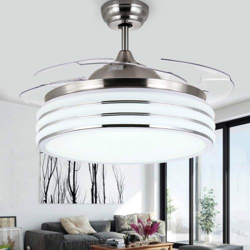  Lighting Groups 42 Modern Invisible Fan Chandelier with 4 Acrylic Clear Retractable Blade Mute 3 LED Variable Light-White Warm Natural,3 Gear Wind Speed,Timing,Indoor Low Profile C