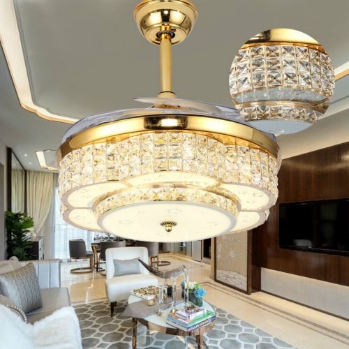  Lighting Groups Crystal Ceiling Fans Lights 42 Inch Transparent Retractable Blades Remote Control Fans Chandelier with LED Three Color Lights Invisible Mute Electric Ceiling Fan La