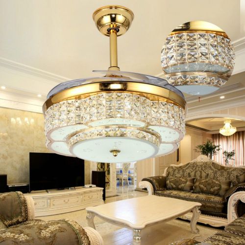  Lighting Groups Crystal Ceiling Fans Lights 42 Inch Transparent Retractable Blades Remote Control Fans Chandelier with LED Three Color Lights Invisible Mute Electric Ceiling Fan La