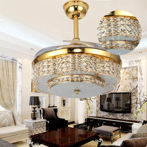  Lighting Groups Crystal Ceiling Fans Lights 42 Inch Transparent Retractable Blades Remote Control Fans Chandelier with LED Three Color Lights Invisible Mute Electric Ceiling Fan La