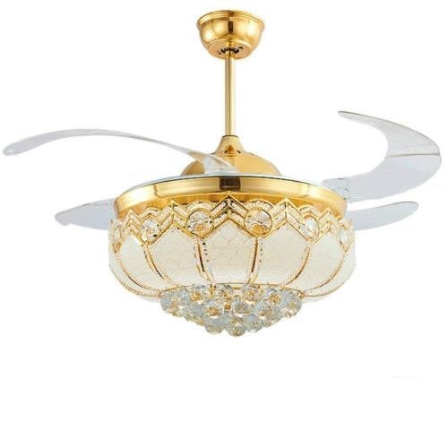  Lighting Groups Crystal Ceiling Fan Lights Mode 42 Energy-Saving Fan Chandelier with Remote, 4 Retractable Invisible Blades Ceiling Fan for Indoor, Bedroom Living Room Light Fixtur
