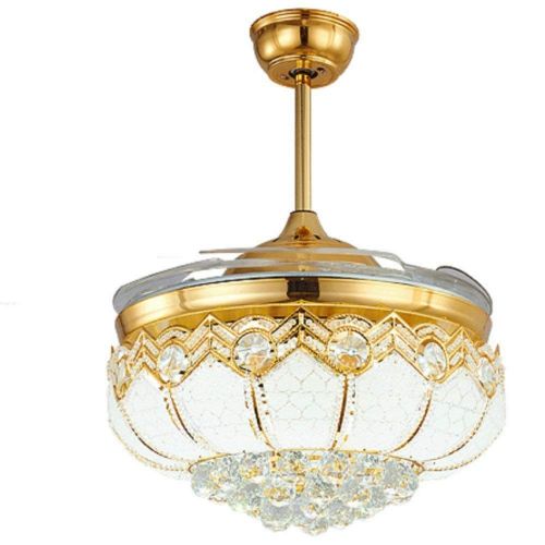  Lighting Groups Crystal Ceiling Fan Lights Mode 42 Energy-Saving Fan Chandelier with Remote, 4 Retractable Invisible Blades Ceiling Fan for Indoor, Bedroom Living Room Light Fixtur