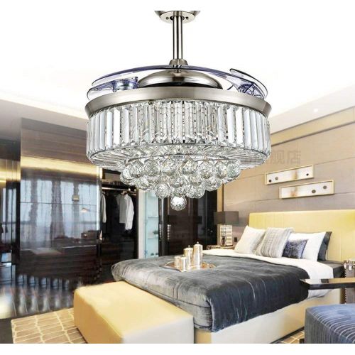  Lighting Groups Retractable Ceiling Fans 42 Crystal Invisible Chandelier Fan with Remote Control LED Light, Indoor Ceiling Fan Lights with 4 Foldable Acrylic Blades,Bedroom Lightin