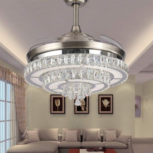  Lighting Groups Invisible Ceiling Fan Modern Crystal 3 Colors (WarmDaylightCool White) Fan Chandelier Foldable Ceiling Fans with Lights Remote Control, LED Ceiling Lights Fixture