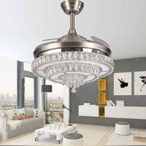  Lighting Groups Invisible Ceiling Fan Modern Crystal 3 Colors (WarmDaylightCool White) Fan Chandelier Foldable Ceiling Fans with Lights Remote Control, LED Ceiling Lights Fixture