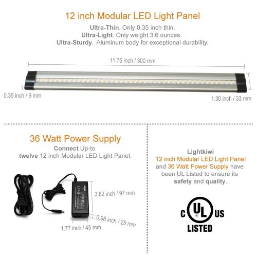  Lightkiwi L4404 Dimmable LED Under Cabinet Lighting 12 Panel Kit, 12 Inches Each, Cool White (6000K), 36 Watt, 24VDC, Dimmer Switch & All Accessories Included, Low Profile,Aluminum