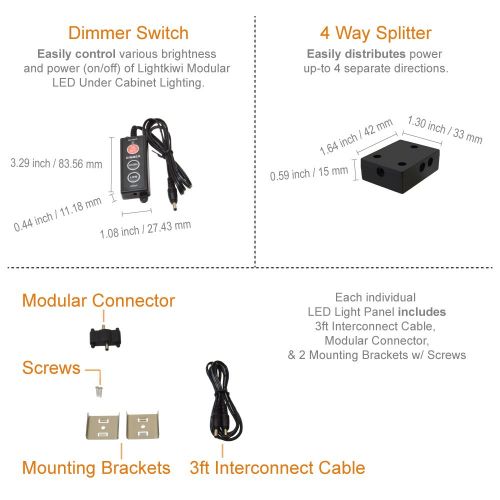  Lightkiwi L4404 Dimmable LED Under Cabinet Lighting 12 Panel Kit, 12 Inches Each, Cool White (6000K), 36 Watt, 24VDC, Dimmer Switch & All Accessories Included, Low Profile,Aluminum