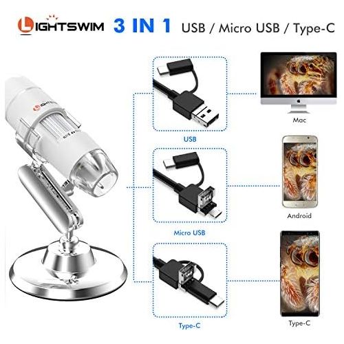  [아마존베스트]Lightswim USB Digital Microscope, 50x and 1000x Mini Pocket Handheld Magnification with HD 1080P 2MP Camera/8 LED Lights for Smartphone/Tablet/PC (Entry Level, Not iPhone/iPad, Whi