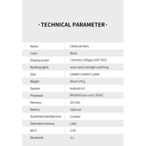  Likebook Mars E-reader with 7.8300ppi E-Ink Touchscreen 8 Core 1.5GHz, Built-In Audible, 16GB Storage Android System 6.0. Support Google store
