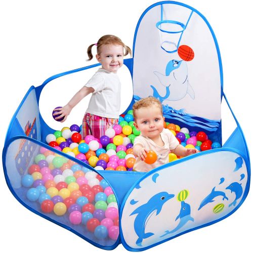  [아마존베스트]Likorlove Kid Ball Pit with Basketball Hoop 4ft/120cm, 1-6 Years Child Toddler Ball Ocean Pool Tent with Zippered Storage Bag for Boys Girls (No Smell) Healthy Pop Up Dolphin Play