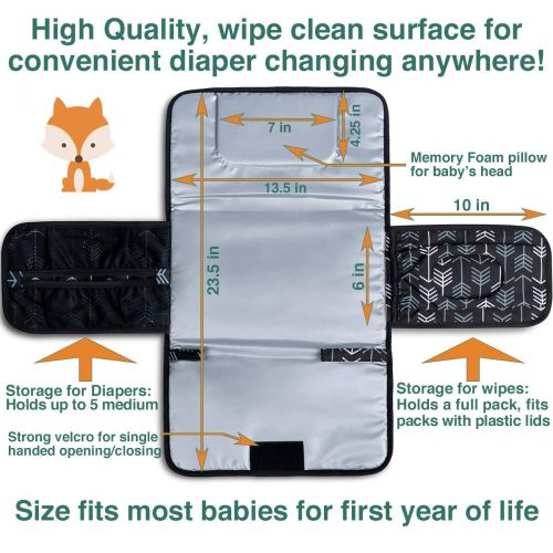  [아마존베스트]Portable Diaper Changing Pad by Lil Fox | Waterproof Portable Changing Pad for Moms, Dads and Babies | Use just One Hand; Memory Foam Baby Head Pillow; Pockets for Diapers, Wipes a