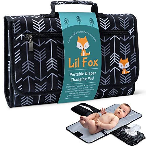  Portable Diaper Changing Pad by Lil Fox | Use One Handed | Waterproof Portable Changing Mat for Moms, Dads & Babies | Memory Foam Baby Head Pillow; Pockets for Diapers, Wipes and C