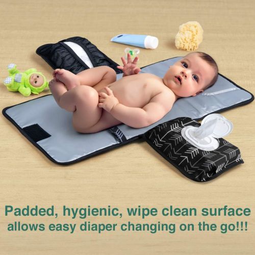  Portable Diaper Changing Pad by Lil Fox | Use One Handed | Waterproof Portable Changing Mat for Moms, Dads & Babies | Memory Foam Baby Head Pillow; Pockets for Diapers, Wipes and C