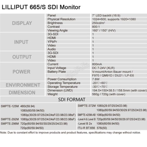  Lilliput 665S 7 HD Camera Field Top Monitor Peaking YPbPr,HDMI SDI inputouput