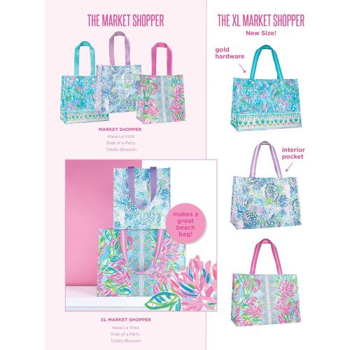  Lilly Pulitzer Blue/Green Market Shopper Bag, Reusable Grocery Tote with Comfortable Shoulder Straps, Aqua La Vista